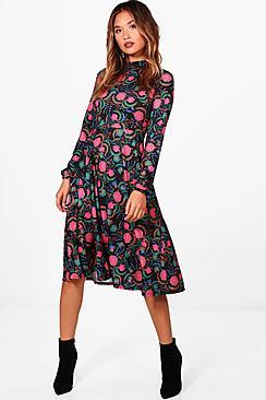 Boohoo Joana Bohemian Floral High Neck Midi Dress