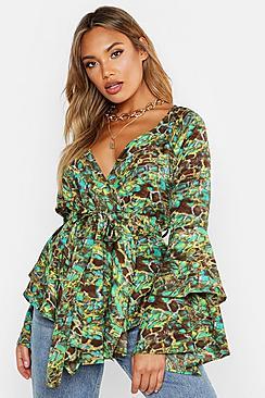 Boohoo Green Snake Flare Wrap Blouse