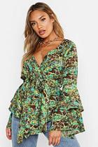Boohoo Green Snake Flare Wrap Blouse