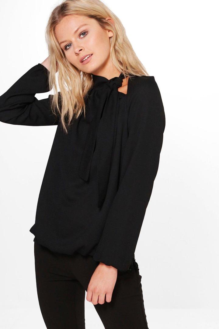 Boohoo Jennifer Tie Neck Woven Blouse Black