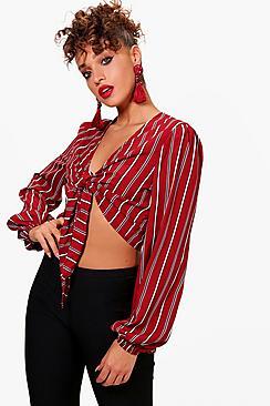 Boohoo Stripe Tie Front Blouse