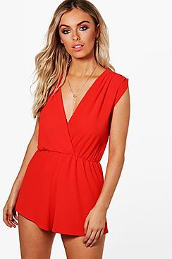 Boohoo Hannah Pleated Drape Shoulder Playsuit