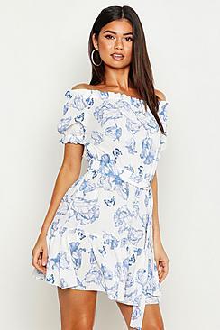 Boohoo Woven Crepe Floral Bardot Dress