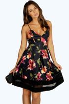 Boohoo Matilda Floral Mesh Insert Skater Dress Multi