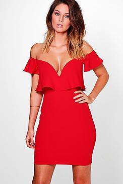 Boohoo Sara Off Shoulder Frill Plunge Bodycon Dress