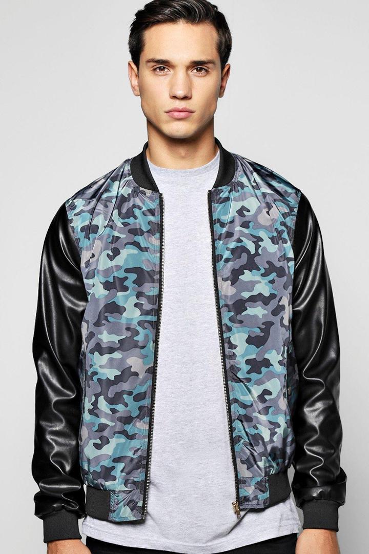 Boohoo Camo Bomber With Pu Sleeves Navy