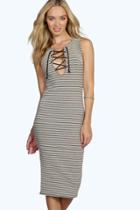 Boohoo Sandra Metallic Stripe Rib Eyelet Bodycon Dress Multi