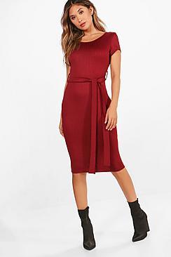 Boohoo Ella Ribbed Tie Waist Midi Dress
