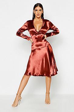 Boohoo Satin Wrap Front Midi Skater Dress