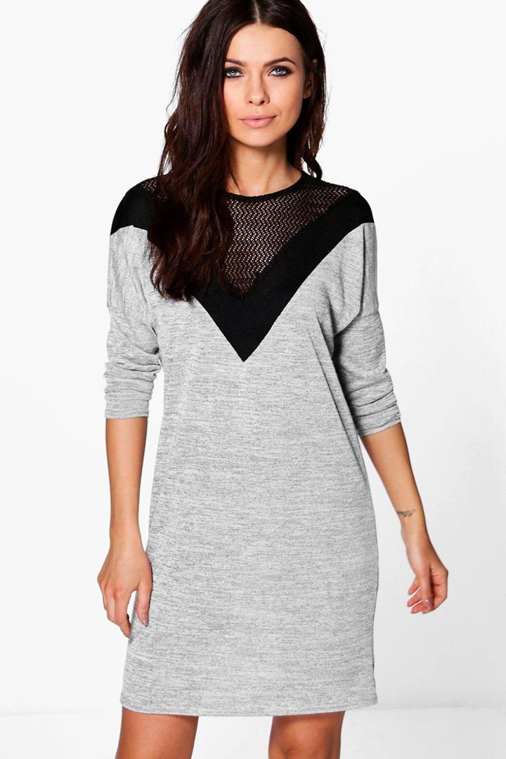 Boohoo Bethany Mesh Detail Fine Knit Dress Grey