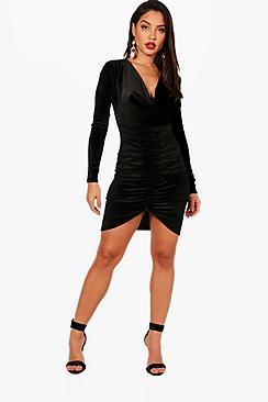 Boohoo Flo Velvet Long Sleeve Ruched Bodycon Dress