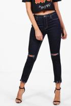 Boohoo Mia Mid Rise Embroidered Distressed Hem Skinny Jeans Black