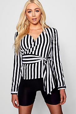 Boohoo Paisley Stripe Wrap Tie Blouse