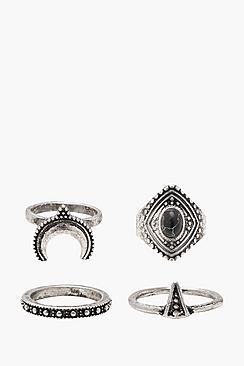 Boohoo Bella Boho Horn And Stone Rings 4 Pack