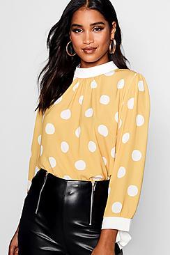 Boohoo Contrast Polka Dot Tie Sleeve Blouse