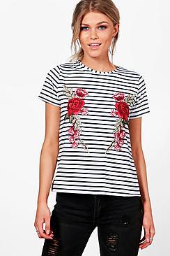 Boohoo Petite Lana Embroidered Stripe T-shirt