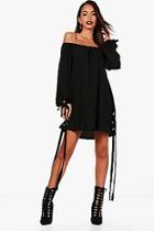 Boohoo Off Shoulder Eyelet Shift Dress