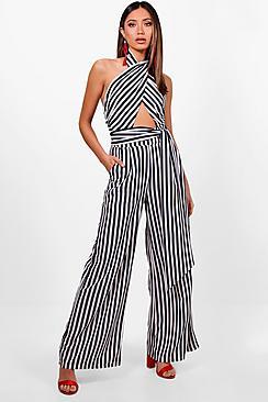 Boohoo Halterneck Striped Wide Leg Jumpsuit