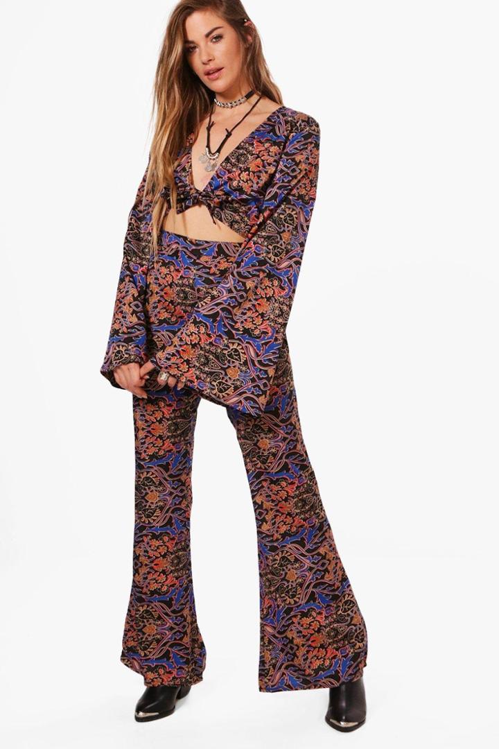Boohoo Hallie Woven Print Crop & Flare Trouser Co-ord Multi