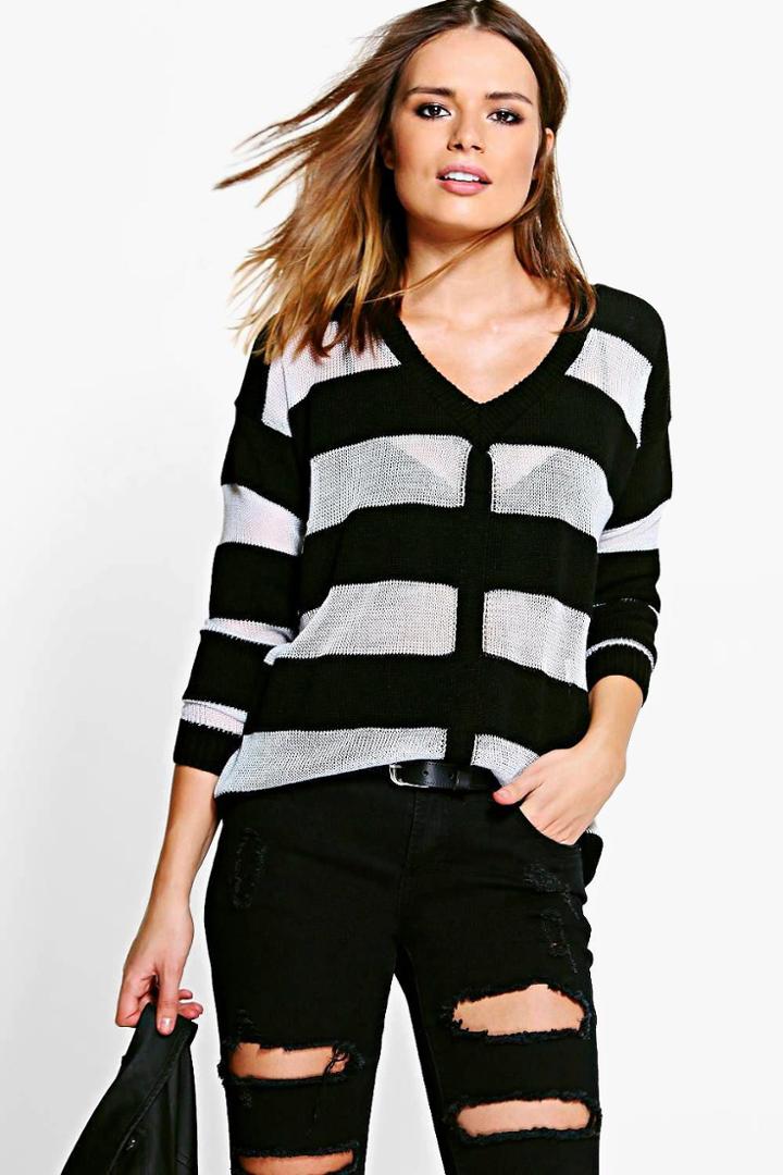 Boohoo Rebecca Sheer Stripe V-neck Jumper Black