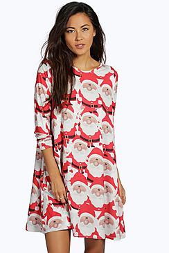 Boohoo Sally Santa Print Swing Christmas Dress