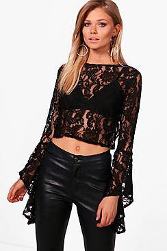 Boohoo Petite Corded Bell Sleeve Lace Crop Top