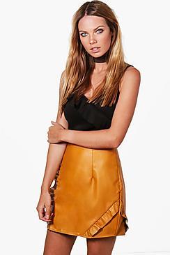 Boohoo Carina Ruffle Front Leather Look Mini Skirt