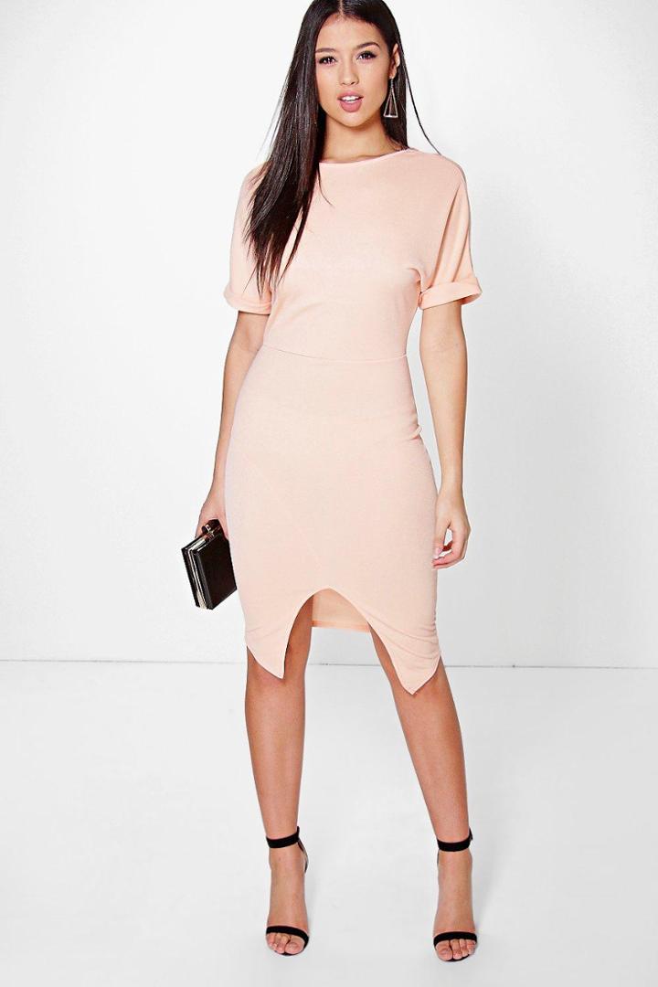 Boohoo Clarice Crepe Wrap Skirt Detail Fitted Dress Peach