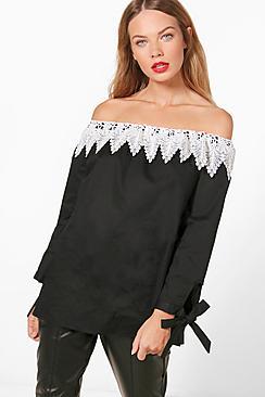 Boohoo Crochet Woven Off The Shoulder Top
