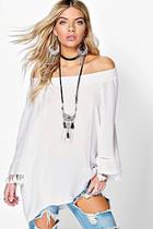 Boohoo Lola Woven Tassel Sleeve Off The Shoulder Top