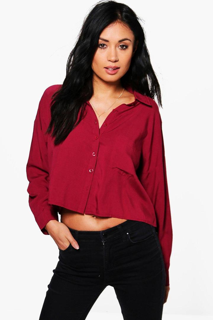 Boohoo Gemma Oversized Crop Viscose Shirt Wine