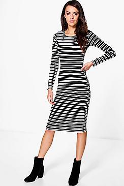 Boohoo Tia Long Sleeve Stripe Midi Dress