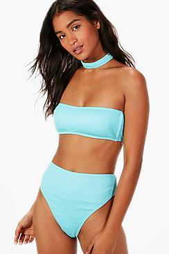 Boohoo Menorca Ribbed Texture Choker Bandeau Bikini