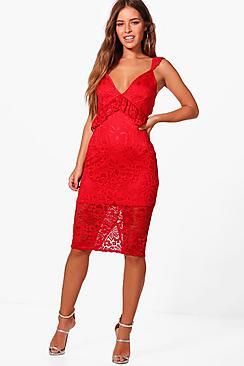 Boohoo Petite Abbey Lace Frill Detail Midi Dress