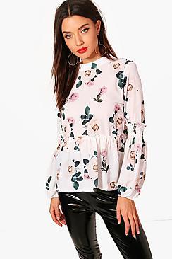 Boohoo Floral Sheared Balloon Sleeve Blouse