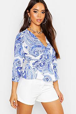 Boohoo Woven Printed Wrap Peplum Blouse