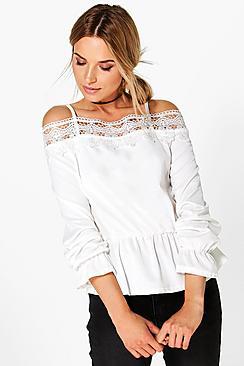 Boohoo Isla Crochet Trim Cold Shoulder Top
