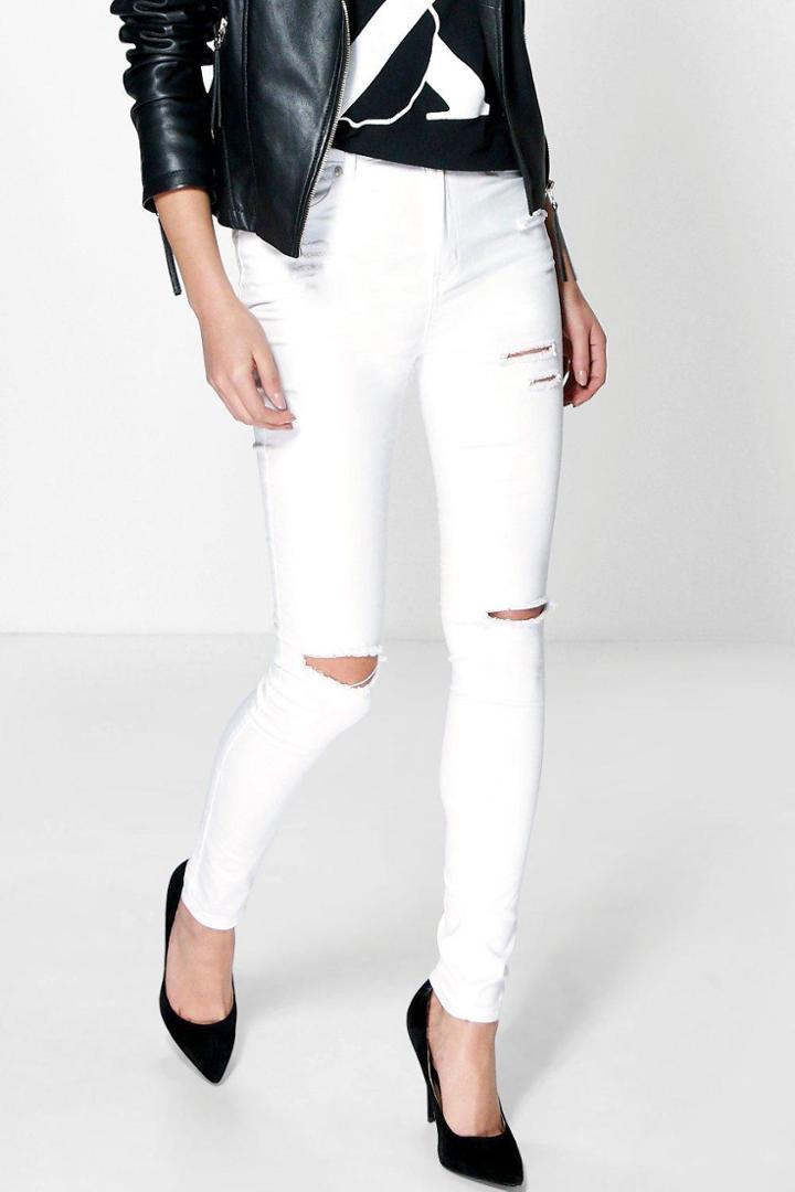 Boohoo Heather High Waisted Ripped Skinny Jeans White