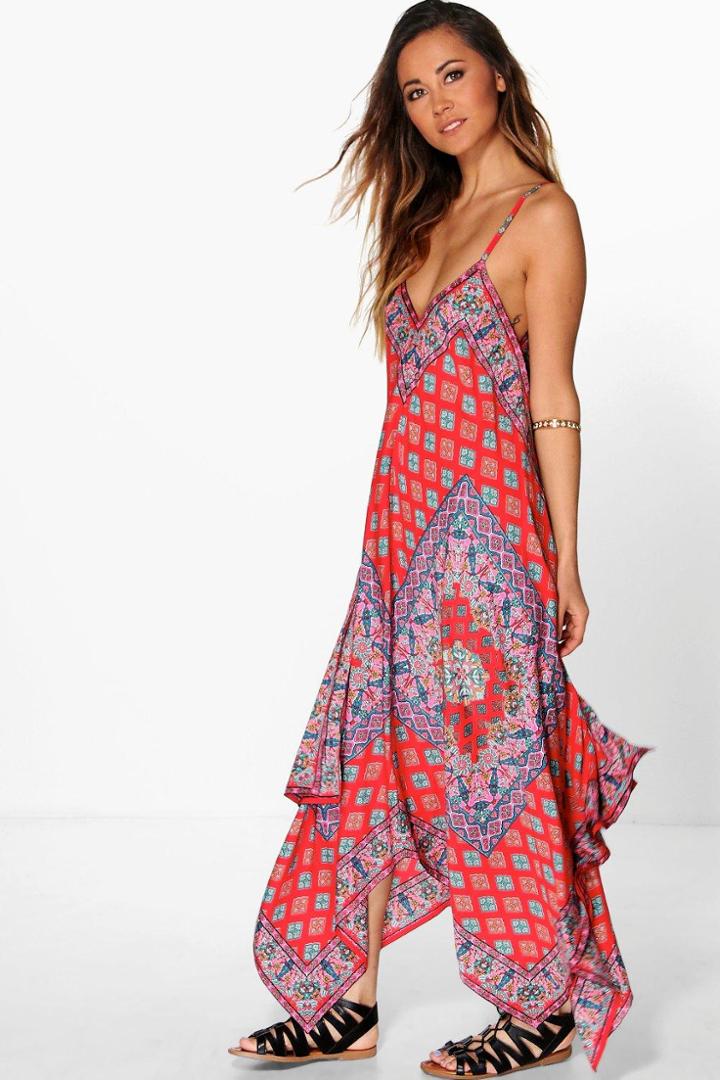 Boohoo Shreya Printed Hanky Hem Strappy Dress Red