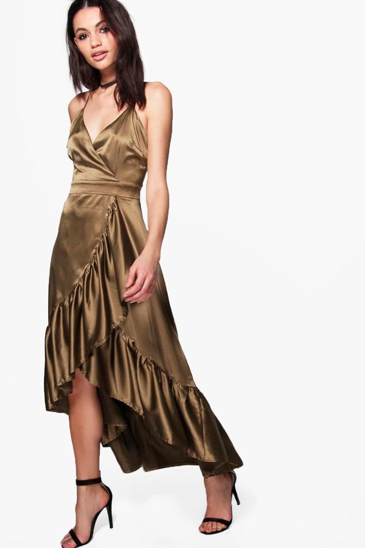 Boohoo Boutique Bea Satin Ruffle Wrap Maxi Dress Khaki