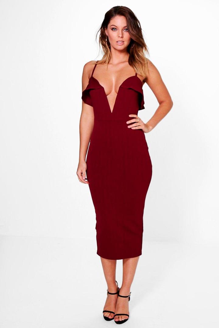 Boohoo Adah Plunge Neck Detail Strappy Midi Dress Berry