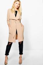 Boohoo Petite Kourt D Ring Belted Waterfall Duster Camel