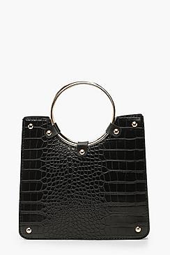 Boohoo Croc Mini Metal Circle Handle Tote Bag