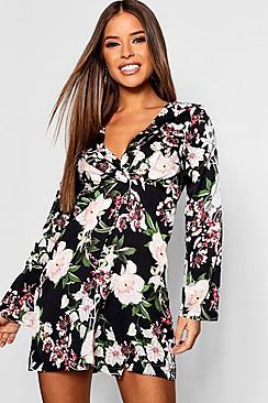 Boohoo Petite Floral Plunge Satin Twist Mini Dress