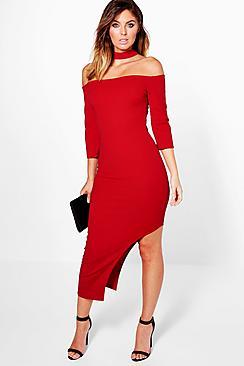 Boohoo Nara Choker Off Shoulder Asymmetric Midi Dress