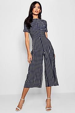 Boohoo Kitty Striped Wrap Culotte Jumpsuit
