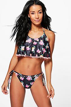 Boohoo Croatia Rose Print Pom Pom Frill Bikini