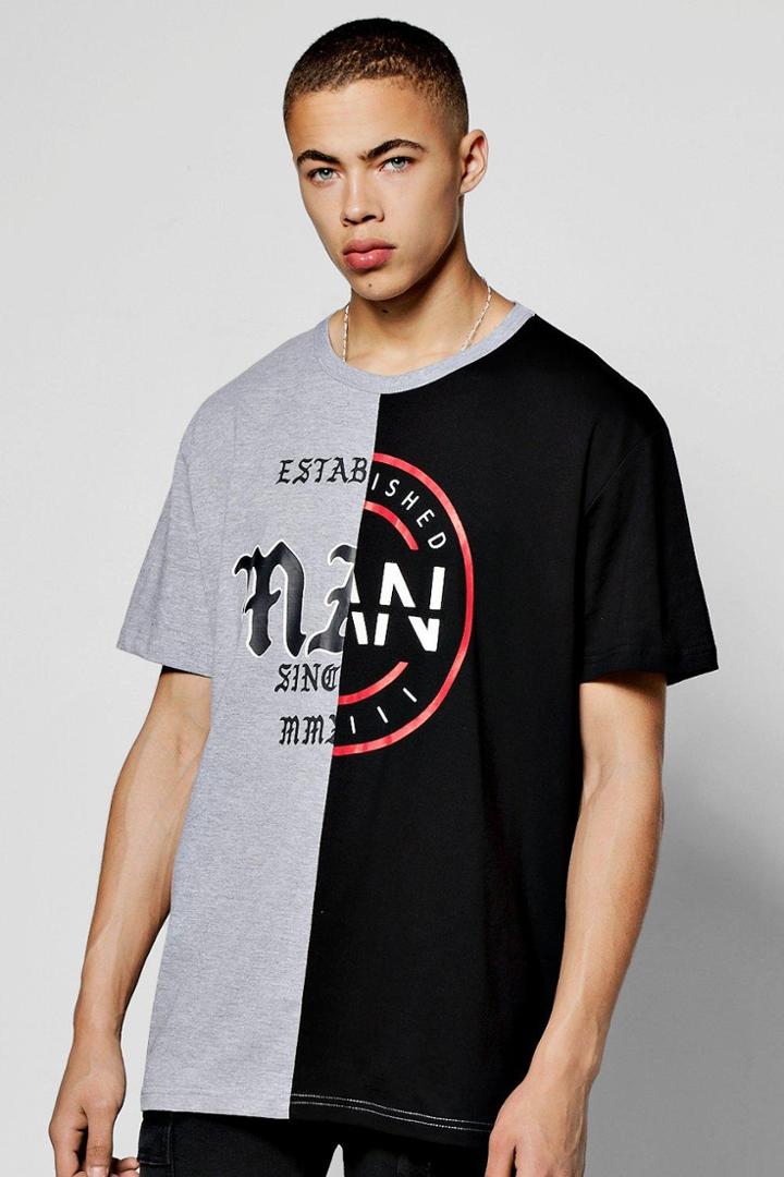 Boohoo Oversized Spliced Man Established Print T Shirt Grey