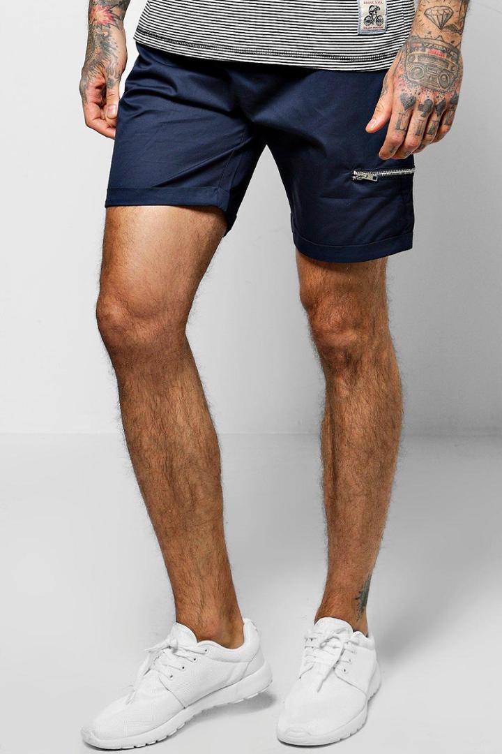 Boohoo Skinny Fit Zip Chino Shorts Navy