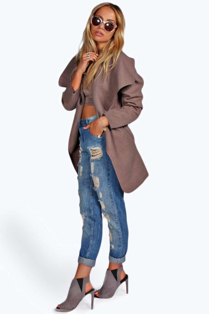 Boohoo Abigail Belted Waterfall Coat Mocha